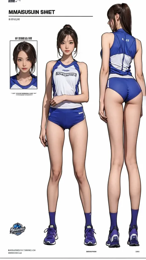 ((masterpiece)),(((highest quality))),((Character design sheet)),Thin thighs,Long legs,Its not a big deal ,Wearing a marathon uniform and marathon shoes