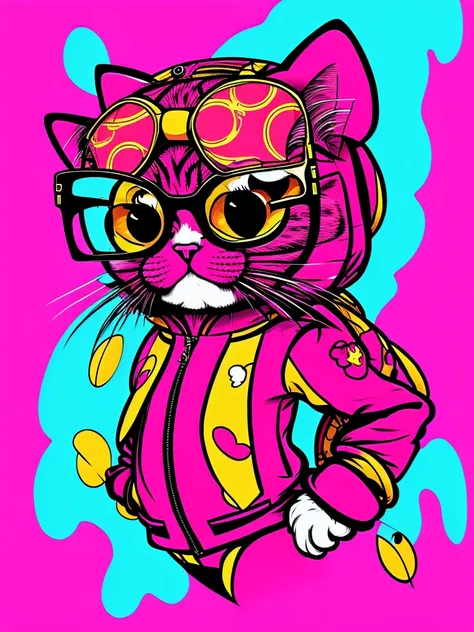 [nfts avatar style art] [pink background] a cat with glasses and a suit jacket, cartoon style, splashes of color*, cartoon portrait,, caricature illustration, ultra-detailed,cartoon!!!, inspired by Bored Ape Yacht Club art, hippie, cartoon, [profile photo ...