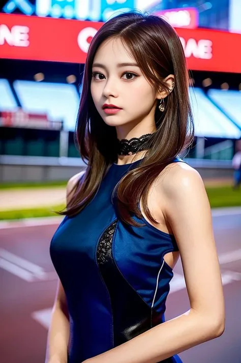 Tzuyu 1, woman, (Realistic), (Hyperrealism), (photoRealistic), Written boundary depth, eye make up:0.7 (whole body:1.2), (Large Bust),(Tight waist), Observe the audience,In the pits of a race track, Race Queen, A sexy dress with open shoulders and neckline...