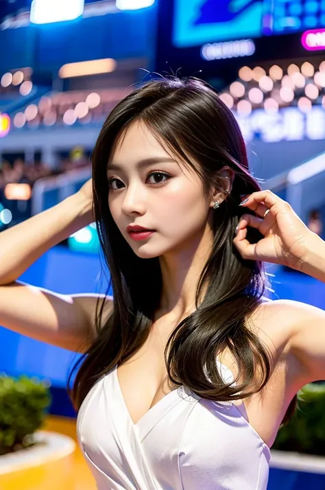 Tzuyu 1, woman, (Realistic), (Hyperrealism), (photoRealistic), Written boundary depth, eye make up:0.7 (whole body:1.2), (Large Bust),(Tight waist), Observe the audience,In the pits of a race track, Race Queen, A sexy dress with open shoulders and neckline...