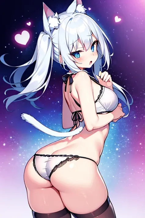 The butt is facing the picture，Wear only delicate white lace panties，full bodyesbian，White animal ears，Solo，Exposing the buttocks and groin，Cat lady,open mouth,cute pose, cowboy shot,BREAK, slender, kawaii, perfect symmetrical face, ultra cute girl, ultra ...