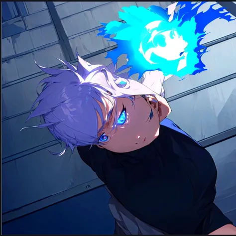 masterpiece, ultra high qualitly, anime, anime male with white hair blue eyes, holding glowing blue ball, realistic lighting, dramatic camera angle, ultra quality, detail, cgi