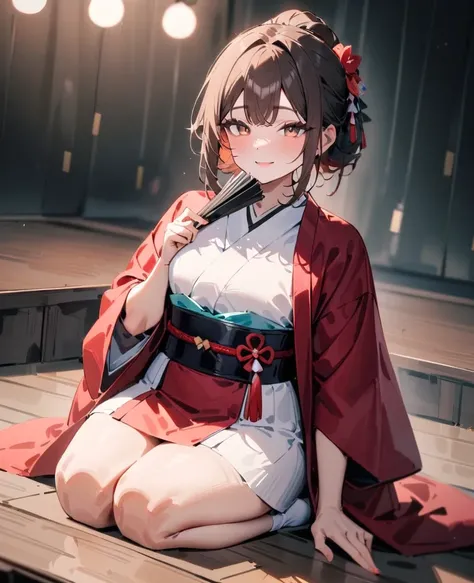 masterpiece, best quality, very aesthetic, absurdres, newest, 1girl, solo, 1girl, solo, looking at viewer, smile, brown hair, sitting, japanese clothes, kimono, lips, seiza, folding fan, haori, zabuton, stage