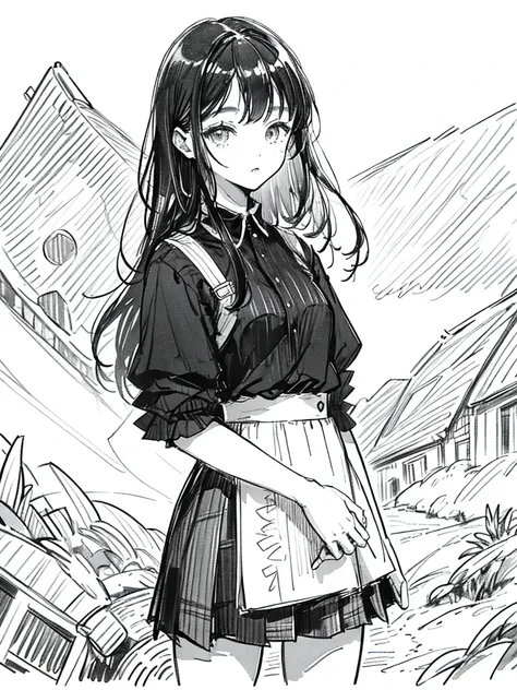 One Girl,Line art,Monochrome,sketch,鉛Pen画,Pen,Traditional Media,One Girl, skirt,,skirt, alone、Cute Teenage Girl, ,Beautiful portrait、Delicate body、Esbian all over、Black Hair、Black Hair,landscape