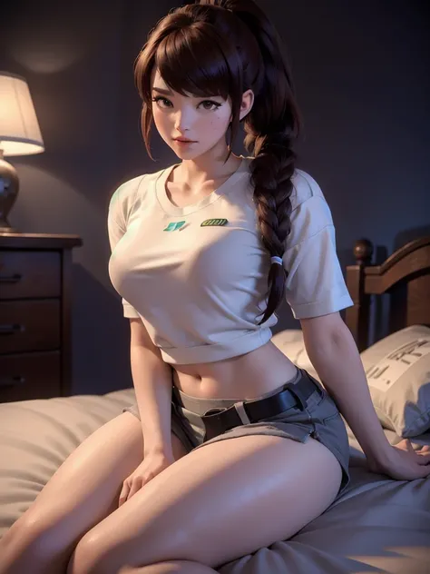 (DVA from Overwatch) without her mech, a woman with short brown hair in a (ponytail),she sits on her bed with her legs spread, high quality refelctions, volumetric lighting, she is wearing a too short but very loose (plain ice white t-shirt), in her bedroo...