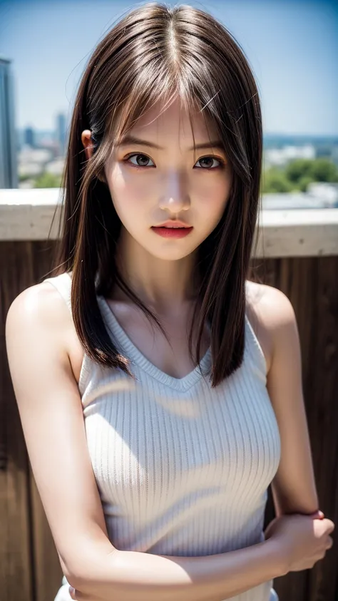 8K quality、High resolution、Realistic skin texture、High resolutionの瞳、woman、Japanese Summer Office Lady、Sleeveless knit shirt、Princess Hair、thin、、Small breasts、Small breastsの谷間、Brown Hair、thin脚、big、Sweat accumulates in the chest、Rooftop、Brush your hair up