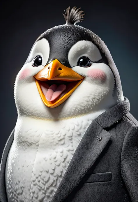 face close up photo of anthropomorphic fat penguin,(furry), dressed in a dark gray suit, (sticking out tongue:1.5),(happy smile:1.5),(playful:1.2), soft lighting, Cinematic, hdr, primitive, Intricate, High quality, smoothing tones, Intricate details, Low c...