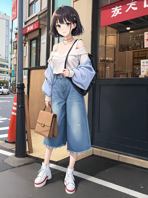 "A Japanese girl in Daikanyama. Light blue denim jacket. White V-neck T-shirt. Relaxed fit black cropped pants. White canvas sneakers. Tan leather tote bag , A Japanese girl in Daikanyama. Oversized beige knit sweater. Deep blue denim jeans. Brown suede an...