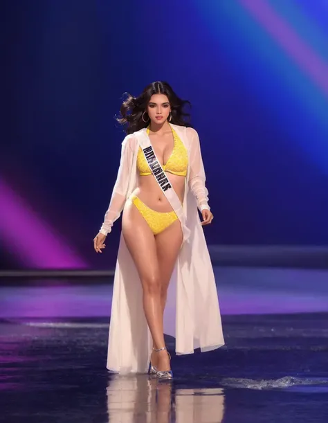 una mujer en bikini y una bata blanca camina por una pasarela, Miss Universo, karla ortiz, rendering of beauty pageant, longitud total del cuerpo, blanca alvarez, bikini model, by Olivia Peguero, alani guillen, julia fuentes, inspired by Gina Pellón, weari...