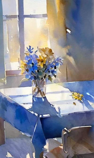 A withered bouquet of flowers on a table far from the room,Watercolor,Light is shining through the window,Withered blue flower,Withered yellow flower,Sad mood,The whole room is visible,