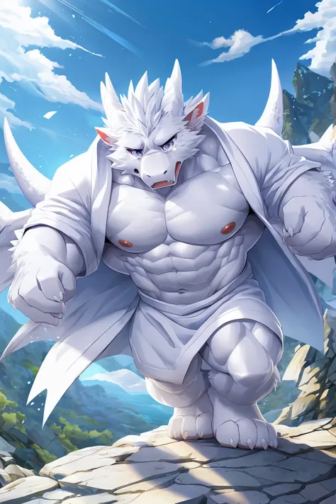 (sfw:1.5), male focus, Handsome 1boy, solitary，protrait photo，single, (White nails, 白色的Dragon Claw, White feet:1.4), Long white hair, (白色的Dragon Wing, wing:1.4), White skin, White dragon tail, (White dragon horn, White horn:1.4), (Perfect grey eyes:1.4), (...