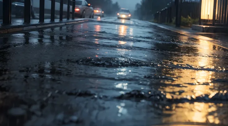 Raindrops falling on the mirror-like surface of the water, raining all the time, rain-soaked asphalt, rain-soaked blocky sidewalks, (Photographic, Best Quality, High Quality, Highres:1.4), Detailed, Extremely Detailed, Ambient Soft Lighting, 4K, Background...