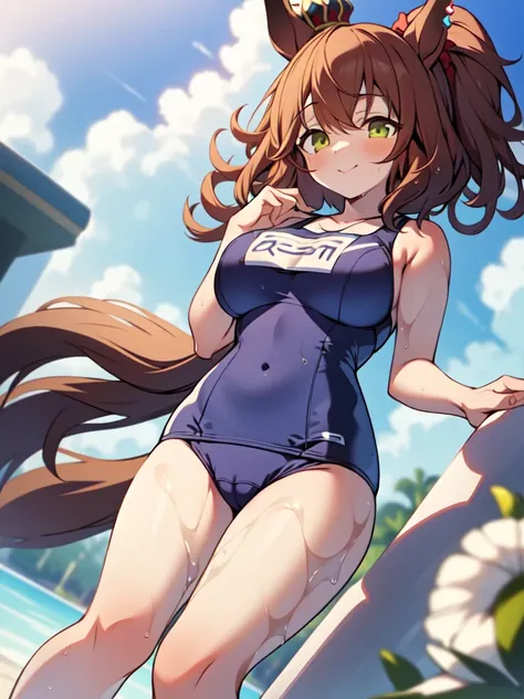 masterpiece, best quality, detailed, highly detailed, ultra detailed, extremely detailed CG, high resolution, 4K, 1girl, solo, aston machan (umamusume), big breasts, standing, from below, school swimsuits, wet, cameltoe,