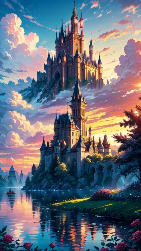 a big castle on a lake nostalgic clouds sunset and a lot of plants a flowers, golden hour roses and pink