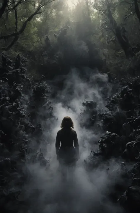 engulfed by black, deep in the forest a girl stands surrounded by ghosts, lovecraftian, horror, still from the movie "the thing"