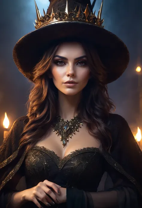 a beautiful woman brown hair queen WITCH  WITH A hat and Spikes crown the Style-RustMagic, Aum, (atmosfera escura:1.2), (Mist & smoke), (noite escura:1.3), Cicatrizes, (shaggy medium length dark hair:1.1), (sombra:1.1), (brilho lindamente detalhado:1.2), (...