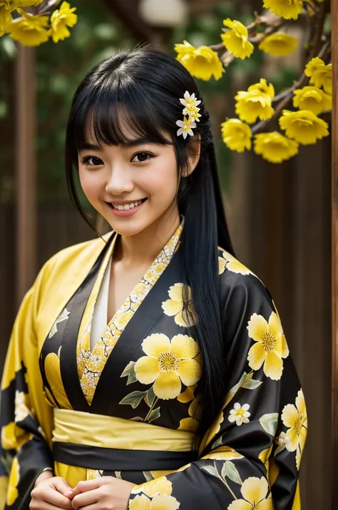 A girl with long black hair, brown eyes, very smiling, wearing a kimono with a tender yellow flower print in 5K
