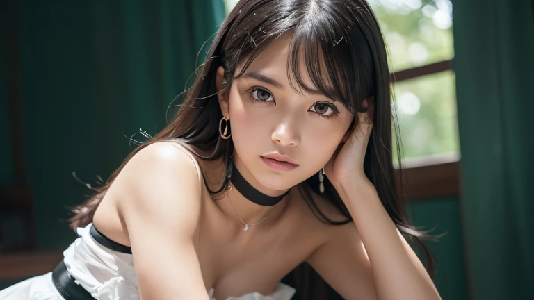 (close:1.2), (Tabletop, highest quality, 8k, Official Art, RAW Photos, View Viewer:1.3), Absurd, Violet, Gardenias, Strapless Dress & choker, beautiful girl, Pretty face, Earrings, Black Hair, Film Grain, chromatic aberration, Sharp focus, Face Light, Dyna...