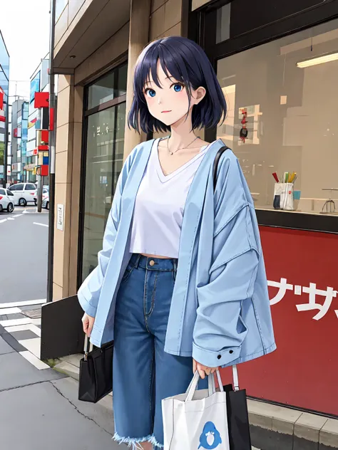 "A Japanese girl in Daikanyama. Light blue denim jacket. White V-neck T-shirt. Relaxed fit black cropped pants. White canvas sneakers. Tan leather tote bag 