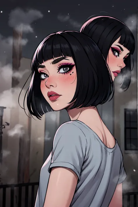 1girl, FengMin, solo, skinny, black eyes, asian eyes, eyeliner, looking at viewer, lips, black bob cut, blunt bangs, blush, standing, upper body, face focus, outdoors, horror (theme), night, fog egirlmakeup, backwards, looking back