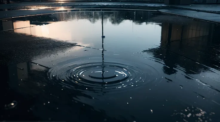 Raindrops falling on the mirror-like surface of the water, raining all the time, (Photographic, Best Quality, High Quality, Highres:1.4), Detailed, Extremely Detailed, Ambient Soft Lighting, 4K, Background, Depth of Field, 