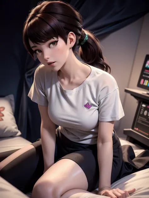 (DVA from Overwatch) without her mech, a woman with short brown hair in a (ponytail),she sits on her bed with her legs spread, high quality refelctions, volumetric lighting, she is wearing a very loose (plain ice white t-shirt), very short sleeves, in her ...