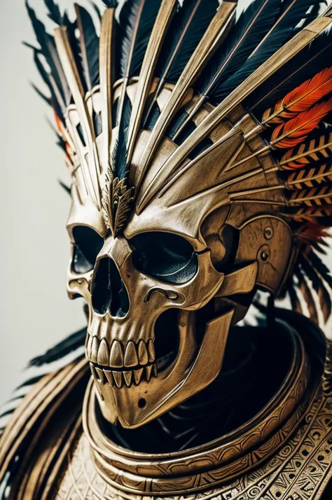 Skeleton head with a Mayan helmet and phoenix feathers 
