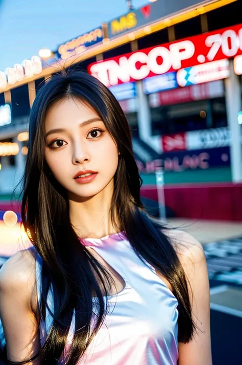 Tzuyu 1, woman, (Realistic), (Hyperrealism), (photoRealistic), Written boundary depth, eye make up:0.7 (whole body:1.2), (Large Bust),(Tight waist), Observe the audience,In the pits of a race track, Race Queen, A sexy dress with open shoulders and neckline...