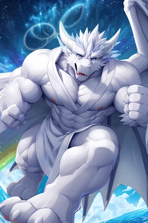 (sfw:1.5), male focus, Handsome 1boy, solitary，protrait photo，single, (White nails, 白色的Dragon Claw, White feet:1.4), Long white hair, (白色的Dragon Wing, wing:1.4), White skin, White dragon tail, (White dragon horn, White horn:1.4), (Perfect grey eyes:1.4), (...