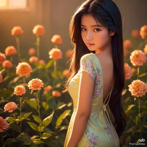 Myanmar girl big butt Myanmar dress Flower painting is very detailed, Soft lighting effects, Cinematic look, Beautiful Hair