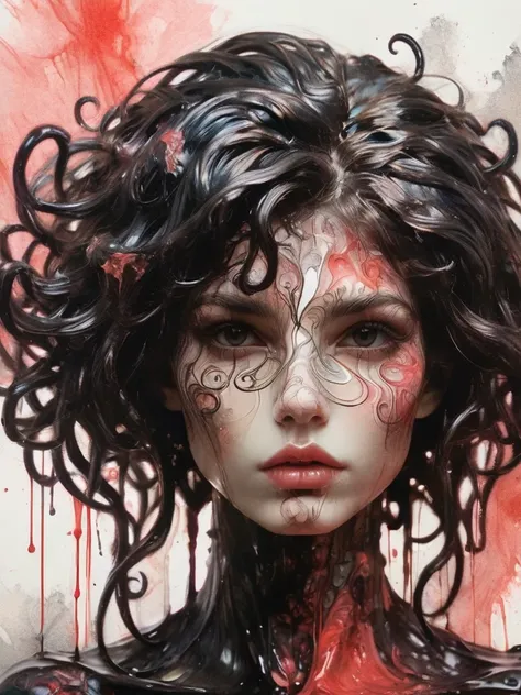 8K, rgb, hdr, pinturas de aceite, acuarelas, colores saturados brillantes, Anna Razumovskaya, Jarek Kubicki, Aleksi Brilo, Darek Zabrotsky, sakimichan, lois, Aminola Rezai, foto CRUDA, negro, dark Rojo, de cerca, Retrato de Medusa, mixed media collage. tex...