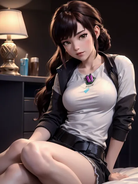 (DVA from Overwatch) without her mech, a woman with short brown hair in a (ponytail),she sits on her bed with her legs spread, high quality refelctions, volumetric lighting, she is wearing a very loose (plain ice white t-shirt), very short sleeves, in her ...