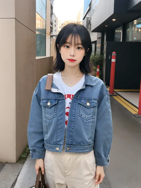 "A Japanese girl in Daikanyama. Light blue denim jacket. White V-neck T-shirt. Relaxed fit black cropped pants. White canvas sneakers. Tan leather tote bag 