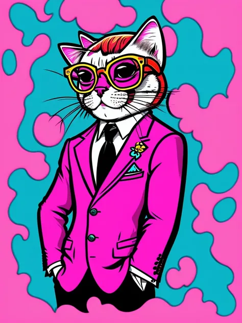 [pink background] a cat with glasses and a suit jacket, cartoon style, cartoon portrait, caricature illustration, ultra-detailed, cartoon!!!, inspired by Bored Ape Yacht Club art, hippie, cartoon, [profile photo style], [half body]