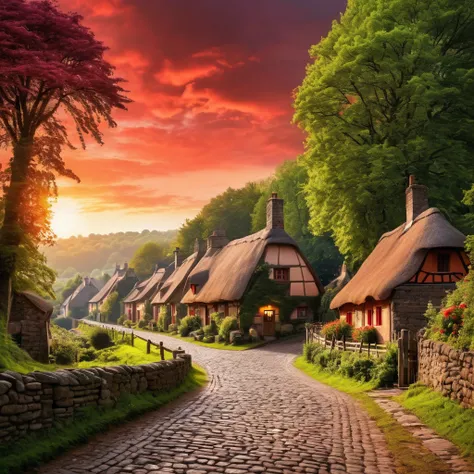 A town under a slight red haze. The sun is red. The town has lots of green trees, thatched-roof country stone cottages, and a dark cobblestone road. The cottages are not red. A super realistic fantasy picture. The shot is taken with expert precision. This ...