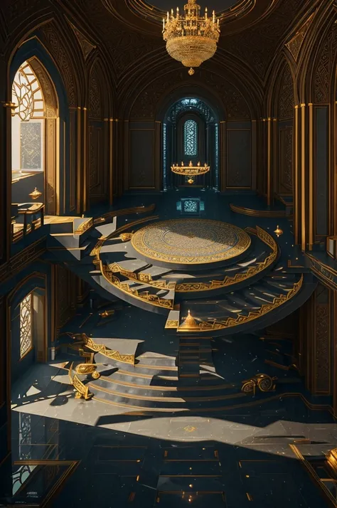 There is a large room with a staircase and a circular staircase, Futuristic Persian Palace, cgsociety Unreal Engine, An exquisitely designed throne room, Unreal Engine Rendering, Unreal Engine 5 : :, Futuristic Palace, Rendering with Lumion, Unreal Engine ...