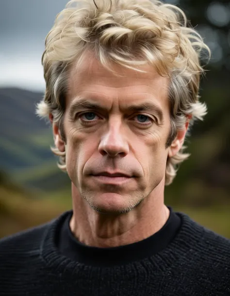 professional photo, closeup portrait photo of 30 yo british [man:Stewart Copeland:0.1], wearing a black sweater, serious face, dramatic lighting, nature, gloomy, cloudy weather, bokeh