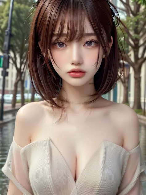 ((highest quality, 8k, masterpiece:1.3)), concentrated:1.2, Perfect body beauty:1.4, Hips:1.2, ((Layered Haircut, chest:1.2)), (Wet clothes:1.1) , (rain, street:1.3), Bandeau dress: 1.1, Highly detailed face and skin texture, Fine Eyes, double eyelid, Whit...