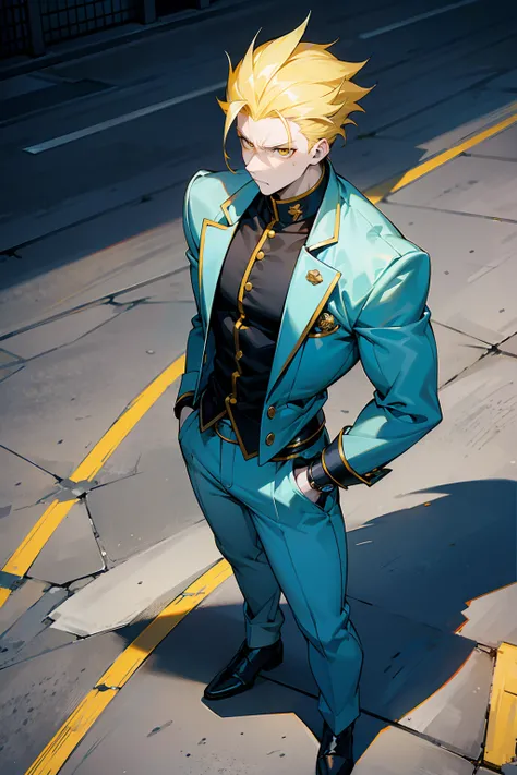 1male , Muscular , Adult Male , Pale Skin , Yellow Eyes , Pale Blue Hair , Yellow Highlighted Hair , Serious Expression , Modern city background , Standing on sidewalk , Dark Blue Gakuran 