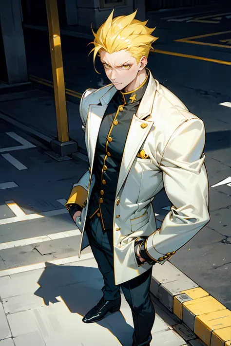 1male , Muscular , Adult Male , Pale Skin , Yellow Eyes , Pale Blue Hair , Yellow Highlighted Hair , Serious Expression , Modern city background , Standing on sidewalk , Dark Blue Gakuran 