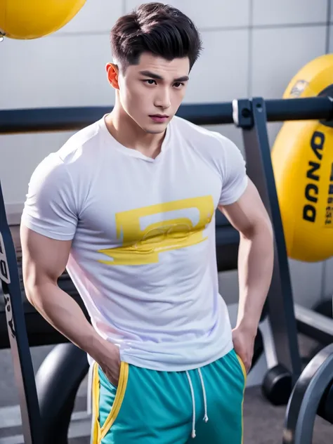 25-year-old man, wearing light blue shirt and loose-fitting violet gym pants with yellow, European fit man, fit man, hot man, handsome actor, Zheng Yecheng, HDR