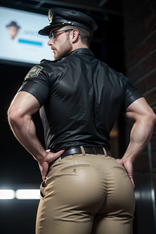 Policeman, young man, darkbrown hair, short beard, caucasian, profile side, big and rounded bubble butt, tight trousers, hunk, muscled, good looking backside, police hat, big arms, (insane butt), aviator sunglasses