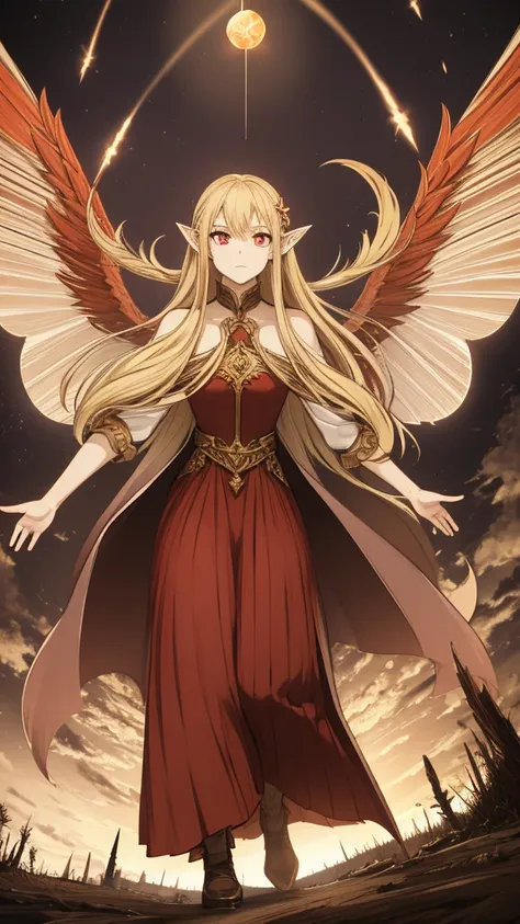 Fairy girl with wings and a fire orb in hand, red ring in finger, Classic Long Dress, Fairy Wings, Red eyes and Blonde Hair, Golden Hair, Serious face, detailed hands, magic, arcane powers, RPG Character, pointy ears, look serious, casting a spell, walking...