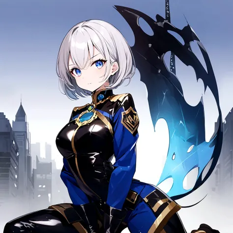 Best Quality，T Masterpiece，Ultimate resolution，１８Old female fighter，Slender、Very slim、Small face、cute、（Kneeling pose），Super Short Hair，((Shiny patent leather tight black combat uniform:1.0))，White Blonde Hair、Tight Suit，gloves、Steel City Background，night