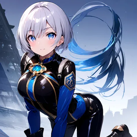 Best Quality，T Masterpiece，Ultimate resolution，１８Old female fighter，Slender、Very slim、Small face、cute、（Kneeling pose），Super Short Hair，((Shiny patent leather tight black combat uniform:1.0))，White Blonde Hair、Tight Suit，gloves、Steel City Background，night