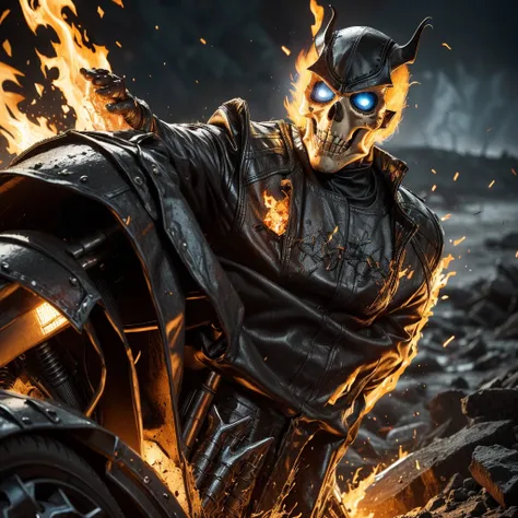 Close-up (Ghost Rider from Marvel in Viking style: 1.3) emerging from wet black mud, extremely detailed, smoke, sparks, metal shavings, flying debris, volumetric light