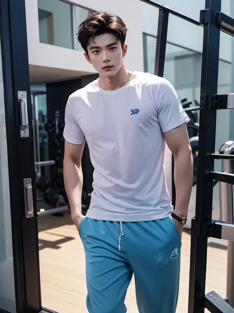 25-year-old man, wearing light blue shirt and loose-fitting violet gym pants with yellow, European fit man, fit man, hot man, handsome actor, Zheng Yecheng, HDR 