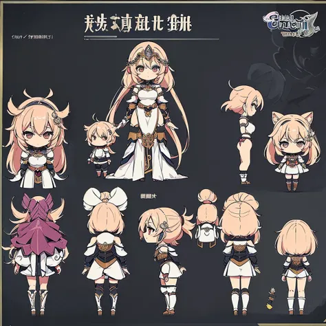 ((((Chibi Character、Character Sheet))))、(((behind、behind姿、Rear view)))、highest quality, Best Quality, High Quality Illustrationen and women in the Middle Ageedieval Knight)、Helmet、Food、Various fantasy world outfits