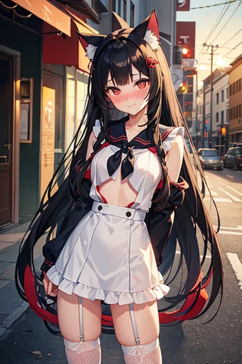 18 yeas old, girl, black hair, long hair, slim, big tits, narrow red eyes, cute, cat ears, (embarrassed,  blush:1.3), smiling, sailor uniform, ,  See-through, ribbon, fishnet, garter belt, frills, Kneesocks, high heels, blue rose, headdress, frontal, stand...