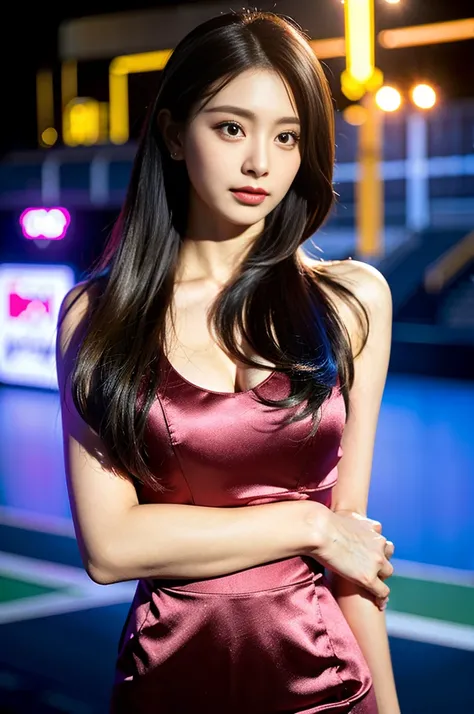 Tzuyu 1, woman, (Realistic), (Hyperrealism), (photoRealistic), Written boundary depth, eye make up:0.7 (whole body:1.2), (Large Bust),(Tight waist), Observe the audience,In the pits of a race track, Race Queen, A sexy dress with open shoulders and neckline...